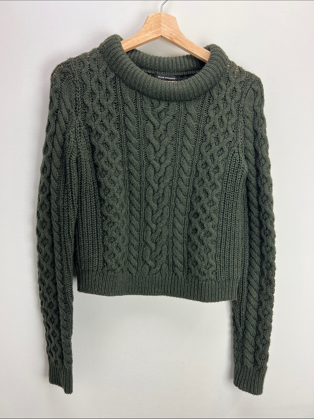 Club Monaco Merino Wool Cable Knit Sweater Green Cropped Womens XS Heritage